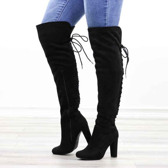 Shoes - Black Over The Knee Heeled Boots Thigh High Suede With Lace Up Back